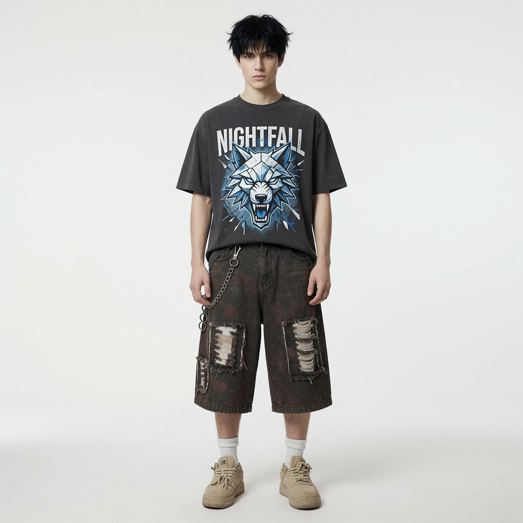 Vintage Wide Leg Straight Cropped Denim Shorts Men