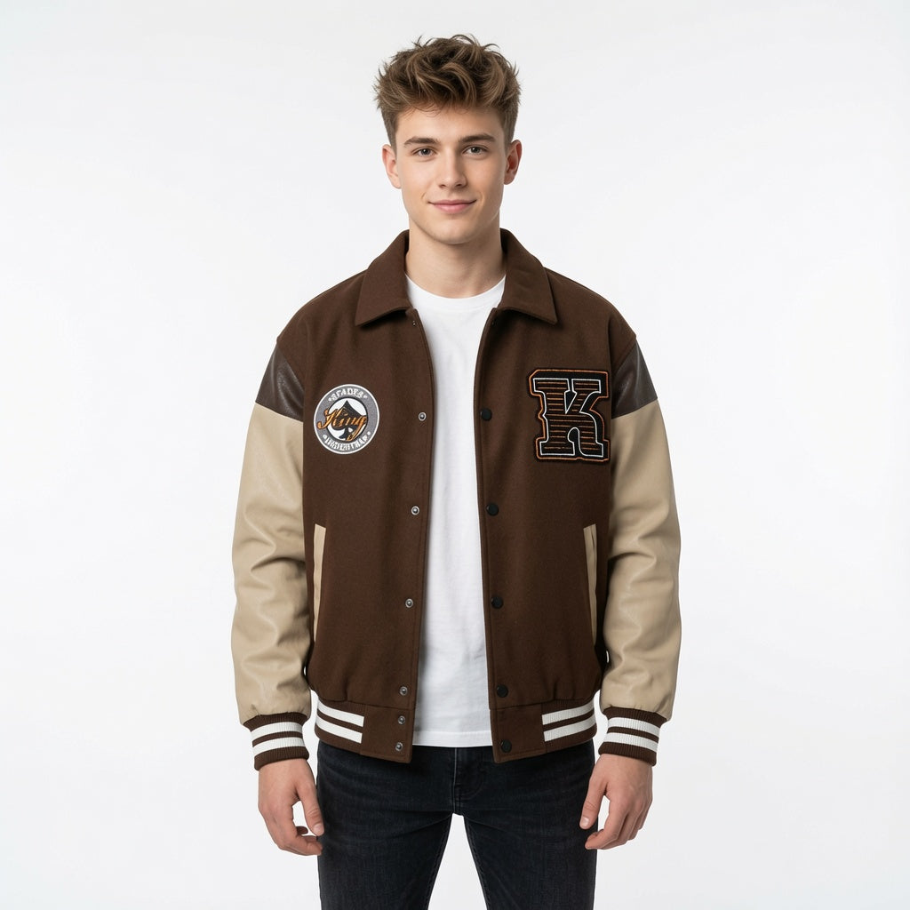 Embroidered PU Leather Sleeve Stitching Baseball Jacket Cotton Jacket Men