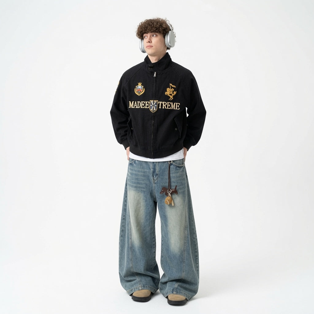Streetwear Navy Blue Cropped Baseball Jacket