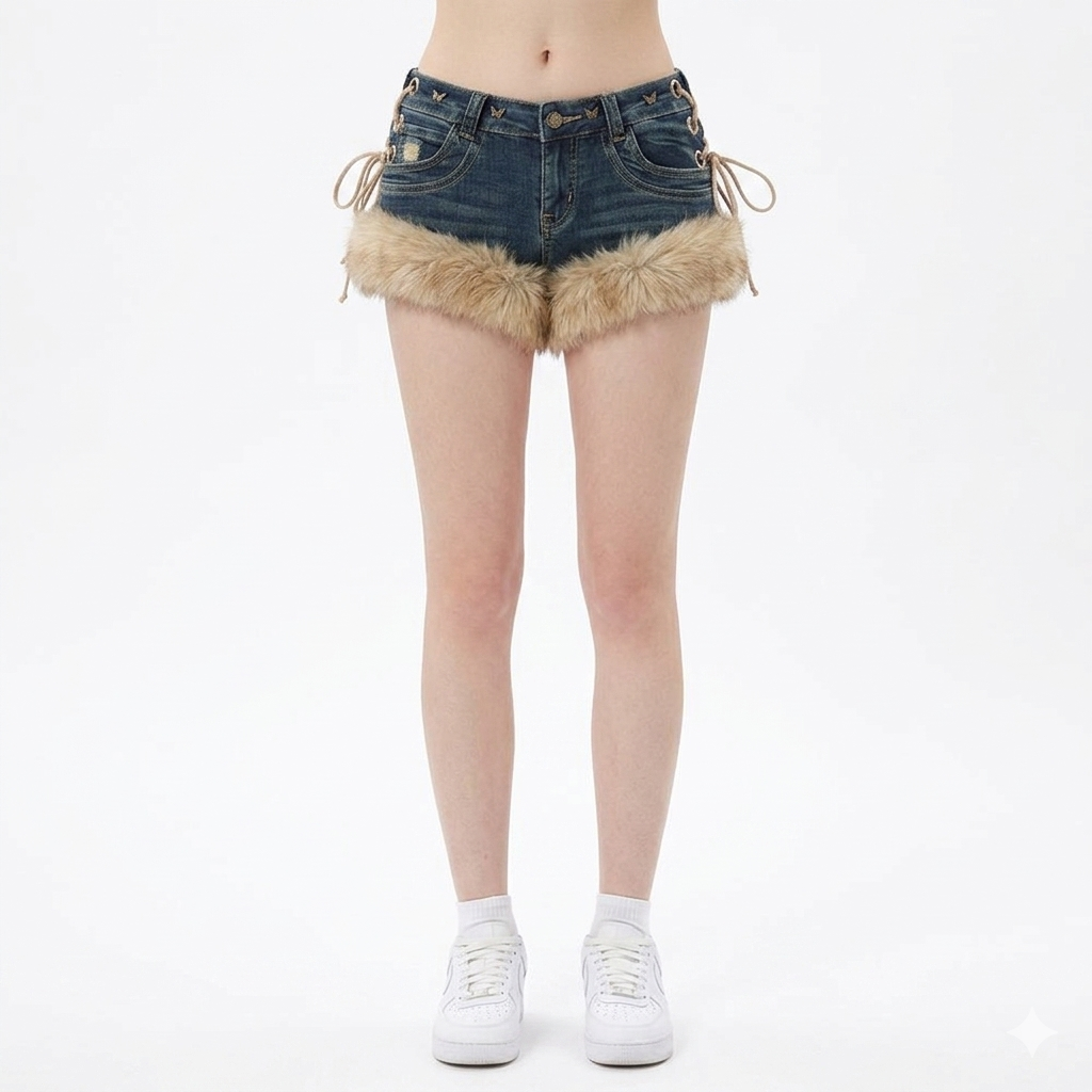 Womens Stylish Furry Patchwork Micro Shorts