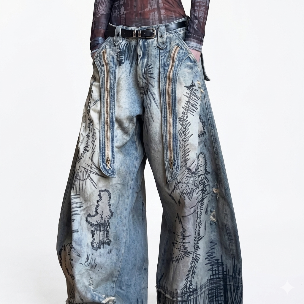 Plus Size Street Men's Random Needle Embroidery Stain Jeans
