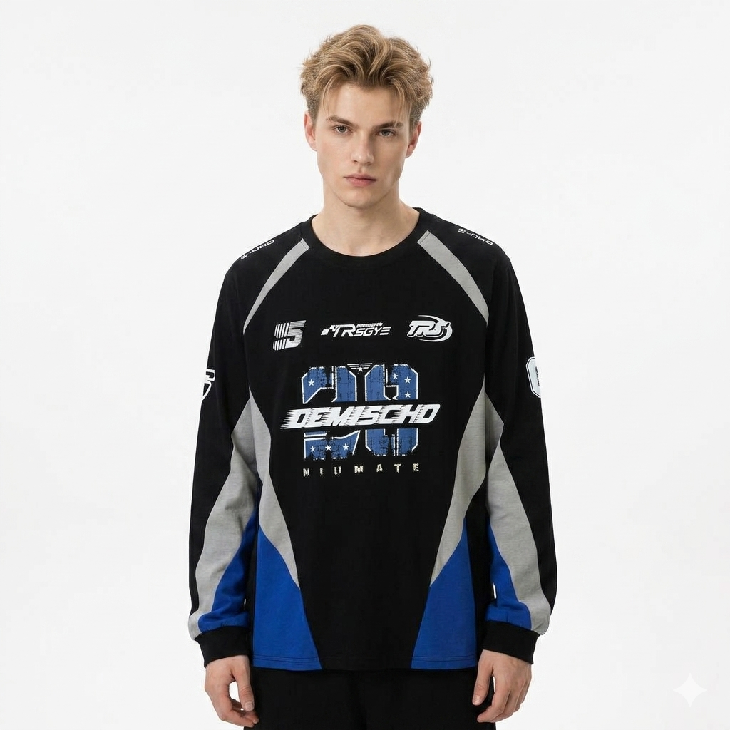 Racing Suit Locomotive Style Printing Color Contrast Long Sleeve T-shirt