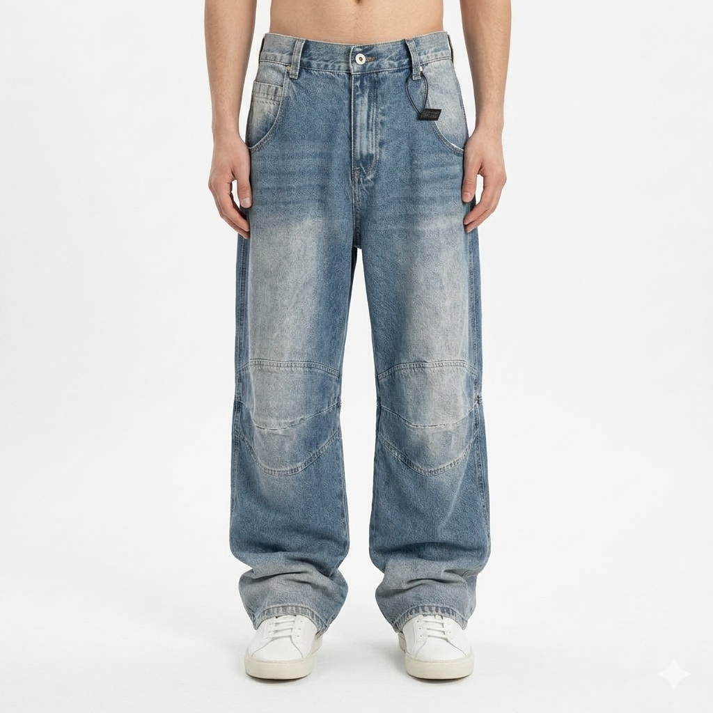 Profile Pleated BAGGY Washed White Blue Jeans