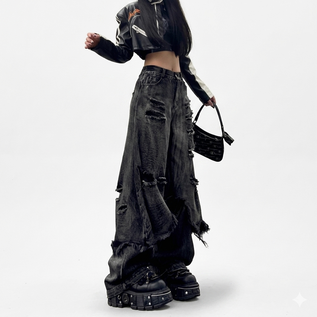 High Street Distressed Cargo Jeans Wide Leg Trousers