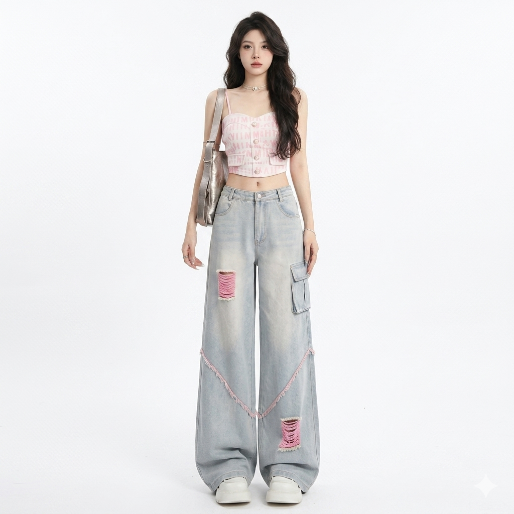 Ripped Cargo Jeans Women's High Waist Baggy Straight Trousers
