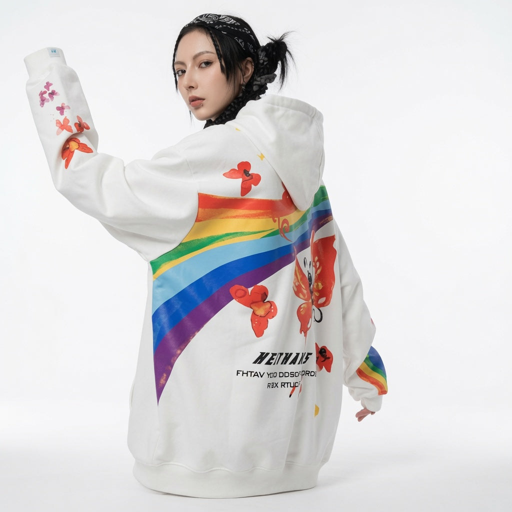 Hip Hop Rainbow Mens Streetwear Hoodie Sweatshirt Butterfly Print Pullover Cotton Casual Hooded Sweatshir Hipster Colorful